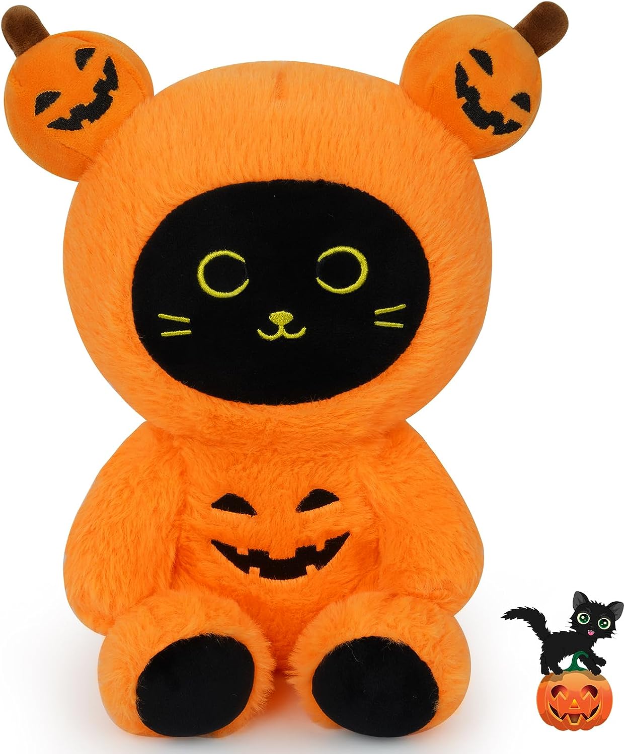 Pumpkin Plush Cat Stuffed Animals, Halloween Black Cat Plushie Cat Plush Pillows, Kawaii Creative Soft Stuffed Cat Toy Halloween Plush Gifts Decorations for Kids Girls Boys