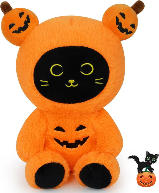 Pumpkin Plush Cat Stuffed Animals, Halloween Black Cat Plushie Cat Plush Pillows, Kawaii Creative Soft Stuffed Cat Toy Halloween Plush Gifts Decorations for Kids Girls Boys