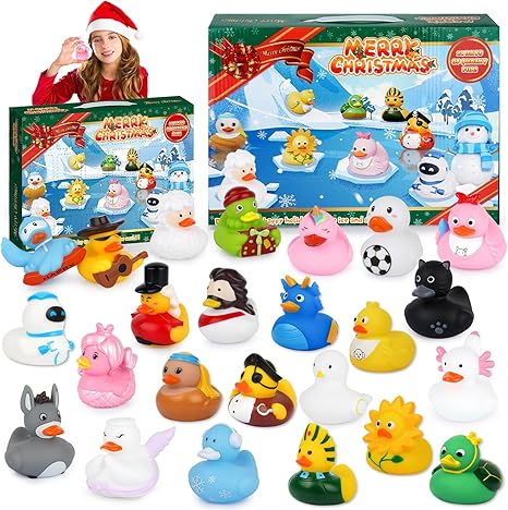 Advent Calendar 2024 Christmas Rubber Ducks, 24 Pcs Christmas Ducks Countdown Toys, 24 Days of Christmas Rubber Ducky Set, Bath Toys Fun Xmas Gift for Kids Toddlers, Christmas Party Favors