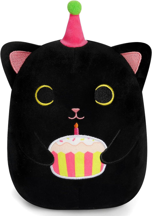 Black Cat Plush, 8 inch Birthday Cat Stuffed Animal Happy Birthday Plush Cute Cat Plush Pillow with Cake, Kawaii Cat Plushie Birthday Plush for Girls, Boys and Cats