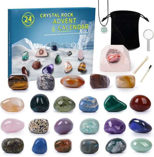 2023 Adventskalender für Kinder Kristalle mit, 24 Tage Weihnachtskalender Überraschungen, Natürlichen Mineralien und Edelsteine, Weihnachts und Neujahrsgeschenke für Jungen und Mädchen (Blau)