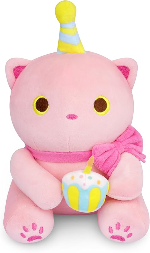 Christmas Cat Plush - Pink Cat Birthday Stuffed Animal, 8 Inch Cute Happy Birthday Cat Plushies Plush Pillow, Soft Stuffed Cat Plush Toy Birthday for Kids