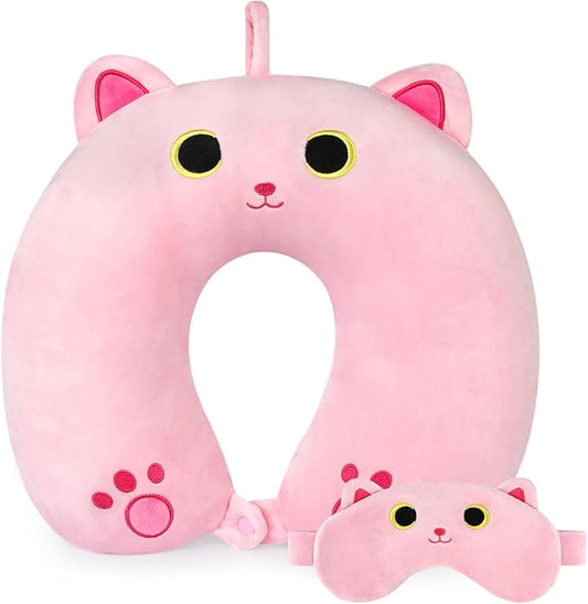 Travel Neck Pillow for Kids, Cute Cat Pillow with Eye Mask for Sleeping Journey, U-Shaped Neck Pillow for Traveling,Rest Neck Support for Long Flights Cars,Birthday Gifts(Pinks)