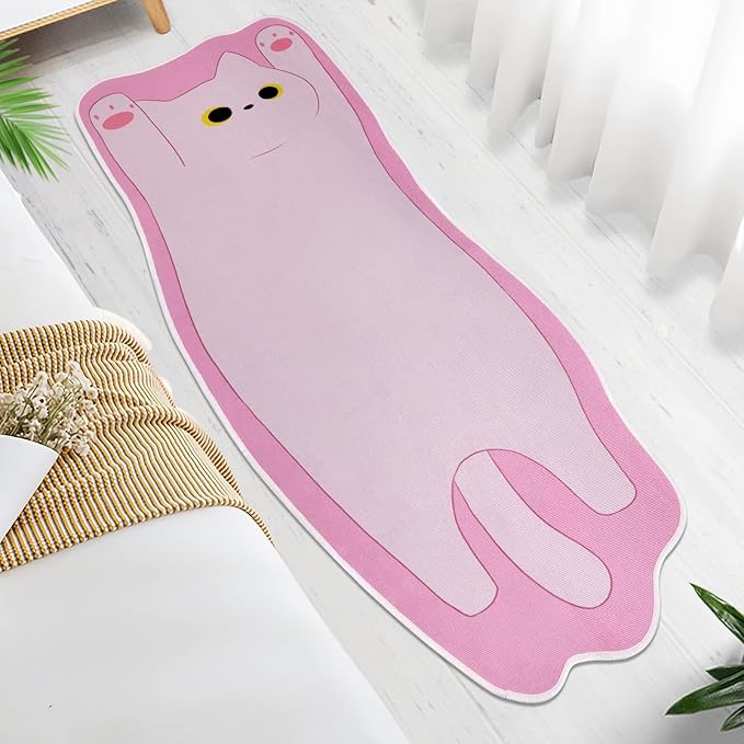 Cute Doormat,Doormat Indoor Outdoor Funny Floor Rug,Non-Slip Long Rug for Sofa,Stretched Cat Patterns Floor Mat for Bedroom, Entrance,Living Room,Pink,20''x47''