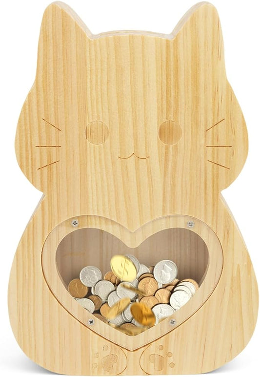 Wooden Money Saving Box,Piggy Banks for Kids,Cat Shaped Piggy Bank,Kids Money Box,Unbreakable Cash Saving Box,Christmas Birthday Gift for Boys and Girls