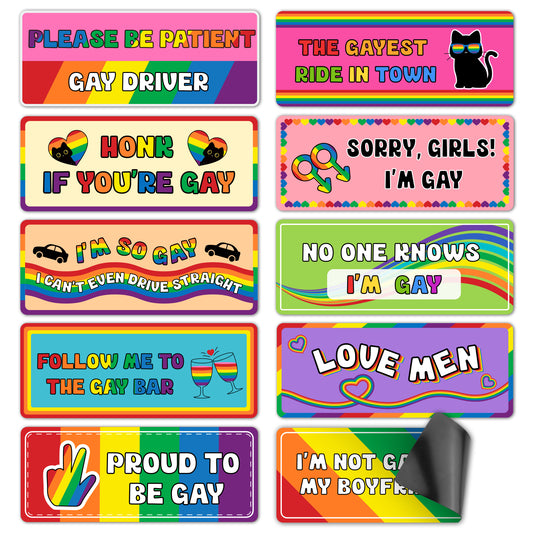 10Pcs Gay Pride Funny Car Magnets, Rainbow Designs I‘M Gay, Gay Driver Magnetic Bumper Stickers, Gay Bumper Magnets Reusable Removable Prank Decals for Vehicle, Truck, Fridge, LGBTQ Pride Gift