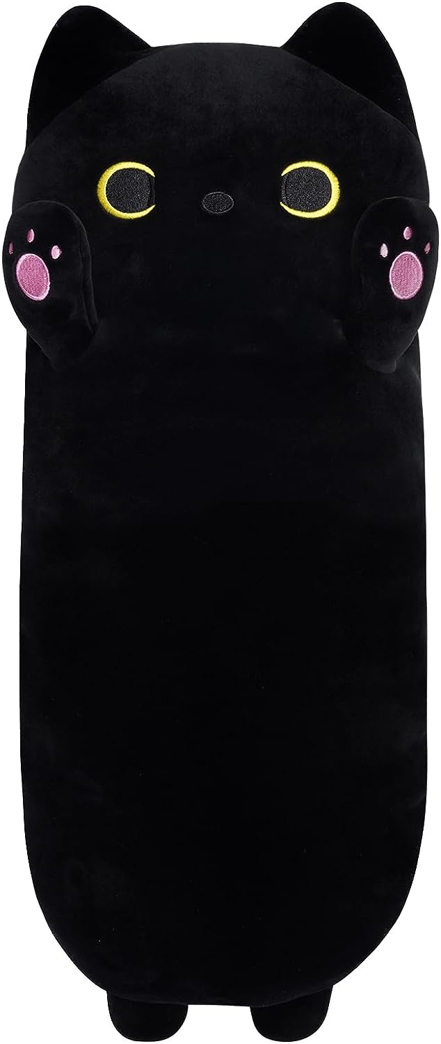 Almohada larga de felpa para gato, 24 pulgadas, lindo animal de peluche de gato negro, peluche de gato largo de dibujos animados, suave gato negro de peluche para niños, cumpleaños, Halloween