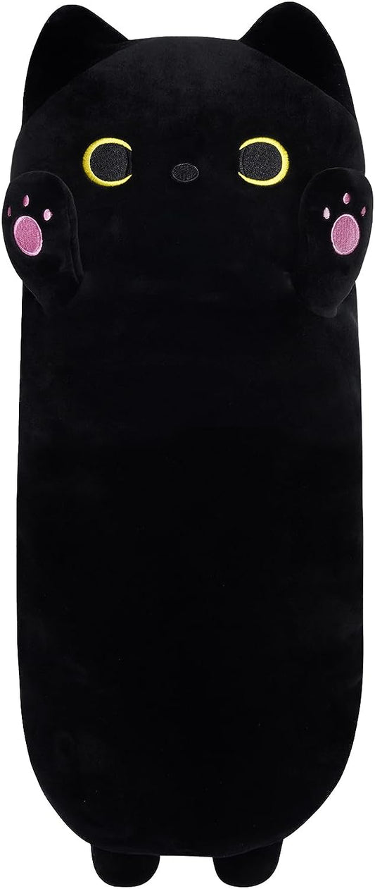 Almohada larga de felpa para gato, 24 pulgadas, lindo animal de peluche de gato negro, peluche de gato largo de dibujos animados, suave gato negro de peluche para niños, cumpleaños, Halloween