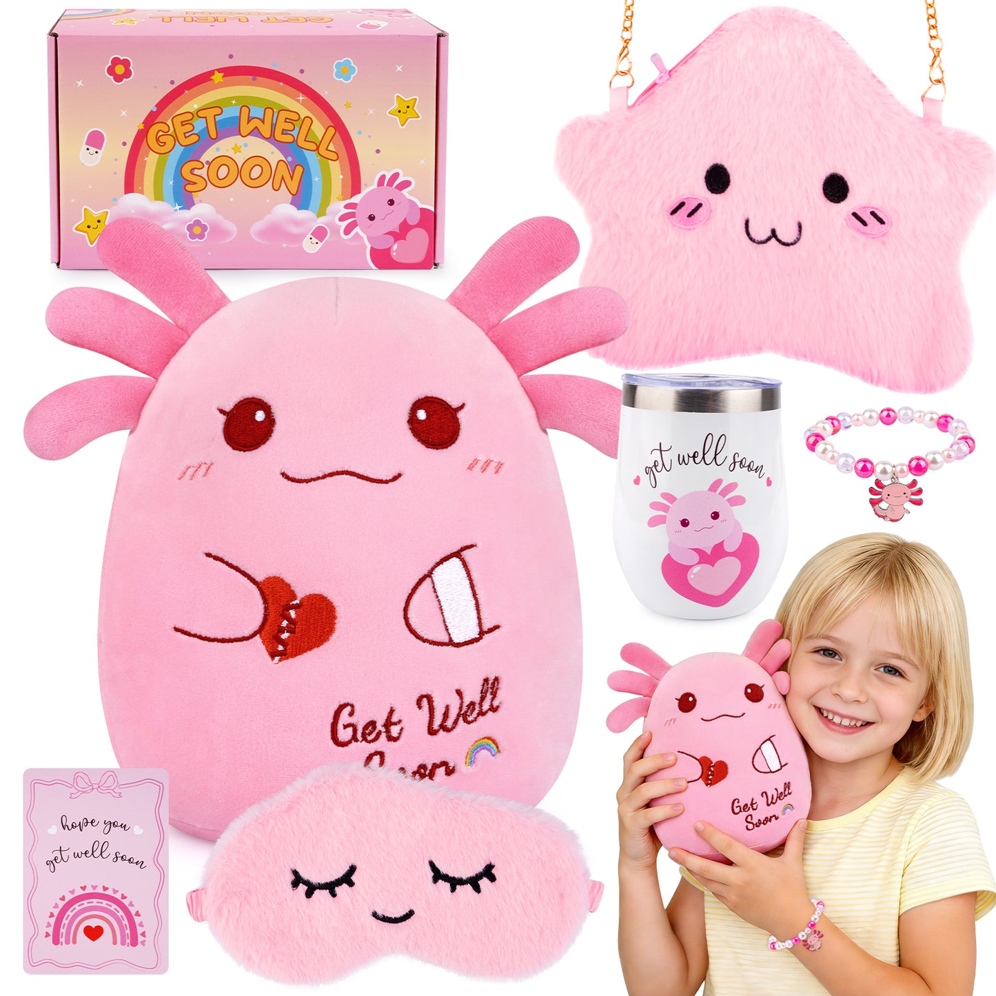 Get Well Soon Gifts for Kids, Get Well Soon Basket with 8inch Get Well Axolotl Plush Toy for Kids, Feel Better Gifts Axolotl Gift Set for Kids Girls Boys After Surgery