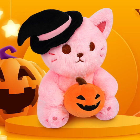 Halloween Cat Plush Pillow Toys, 9“ Cute Pink Cat Stuffed Animals for Kids Girls, Halloween Plush Witch Cat Plushi Kawaii Stuffed Cat Toys Plush Doll Decorations