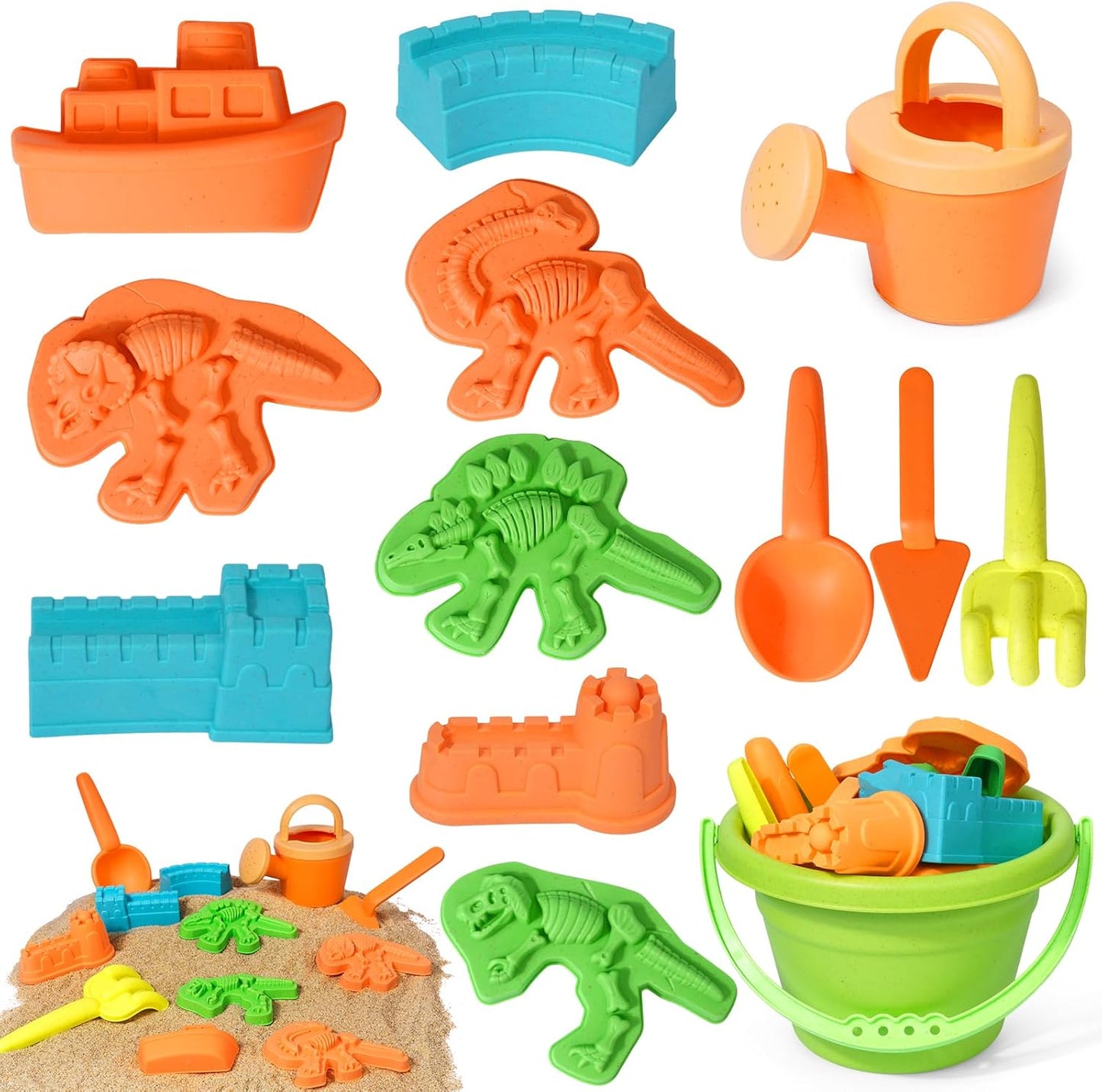 Beach Toys Set for Kids Toddlers, Sand Bucket and Shovels Set with Sand Molds Kettles
