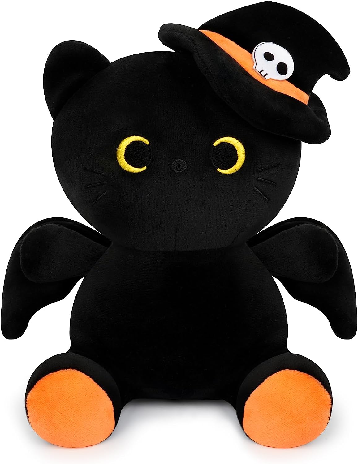 Peluche de gato negro de Halloween, gato negro con sombrero, lindo murciélago negro juguetes de muñeca de peluche, regalos de decoración de Halloween para niños