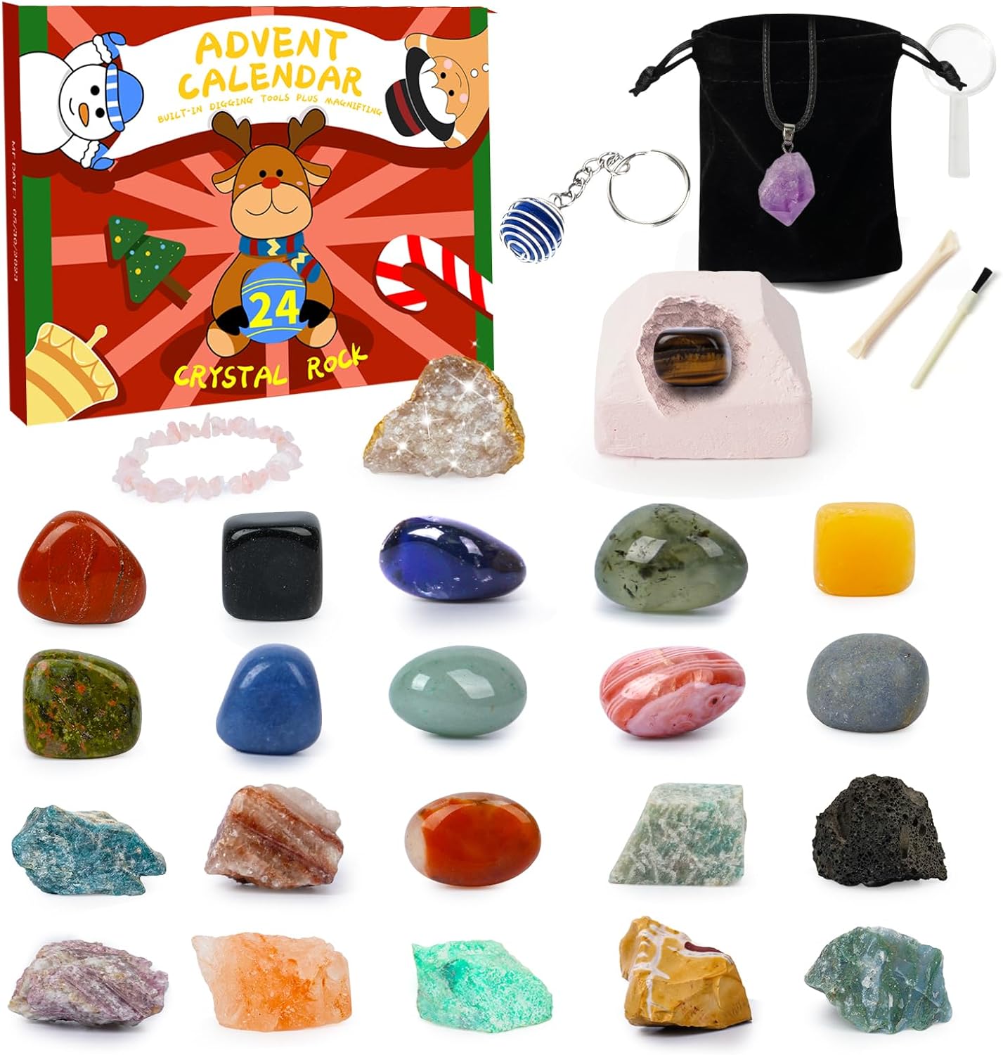 Adventskalender 2023 Kristalle, Kinder Adventskalender Edelsteine 2023, 24 Tage Weihnachten Adventskalender Countdown Überraschungen, Geschenkidee für Frauen und Kinder