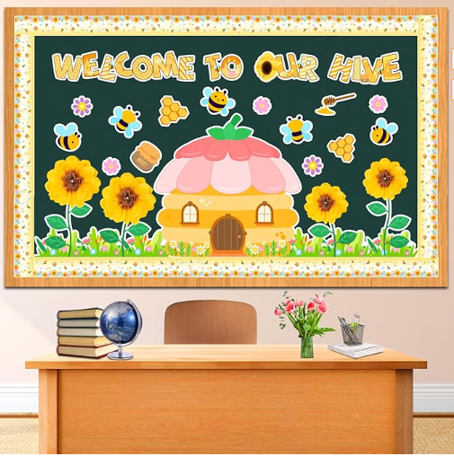 Bee Bulletin Board Decoration Set with Sunflowers Hive,Bee Paper Cutouts Blackboard Border,School Classroom Supplies Decor,Decorations for Church Wall Window Photography