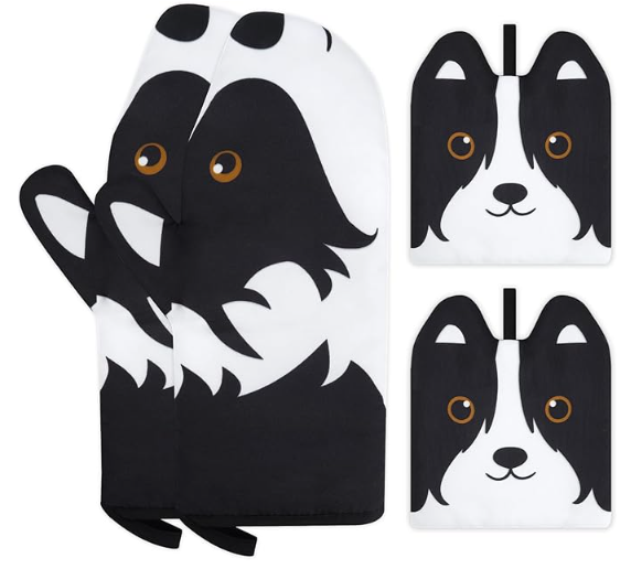 Oven Mitts, Cute Kitchen Oven Mitts and Pot Holders Sets, Heat Resistant Funny Dog Glove Potholder and Hot Pads Soft Lining, Border Collies Mitten Kitchen Baking Grilling Cooking Housewarming