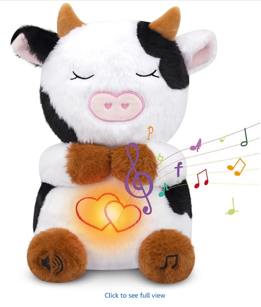Breathing Cow Stuffed Animal, 11inch Cow Plush Soothing Stuffed Animal with Calming Music, Lights, Soft Breathing Sleeping Plush for Kids, Adult (3-Levels Mode & Volume)
