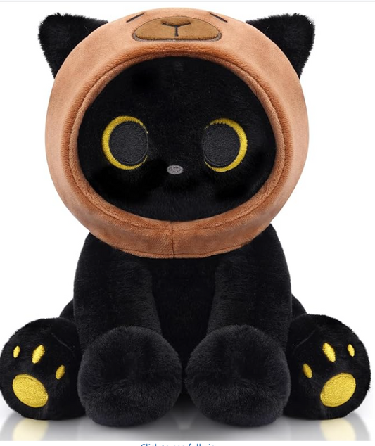 Capybara Cat Stuffed Animal, 8inch Black Cat Plush Wear Capybara Hood, Cute Kitten Plushies Kawaii Huggable Gift for Kids, Boys, Girls, Christmas, Birthday Gifts