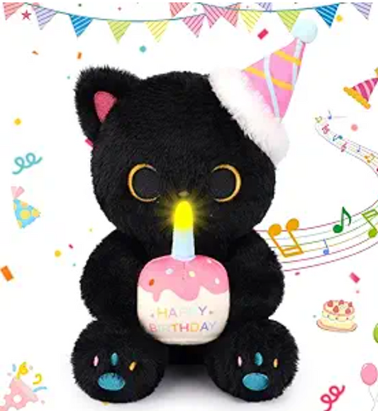 Black Cat Plush - Happy Birthday Singing & Glow Plush, Electric Black Cat Stuffed Animal with Light-Up Cake, Birthday Party Decor Gift for Kids Boys Girls