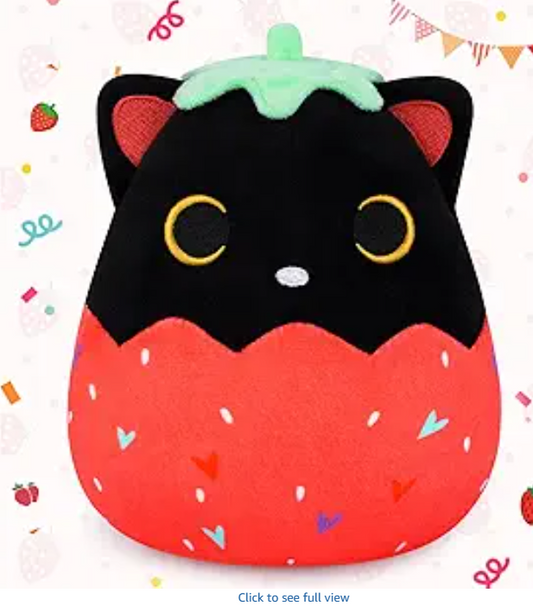 Black Cat Plush, Cute Strawberry Black Cat Stuffed Animal, Soft Plushies Cat Plush, Kawaii Cat Stuffy Toys Great Gift for Kids Girls Boys (8 Inch)