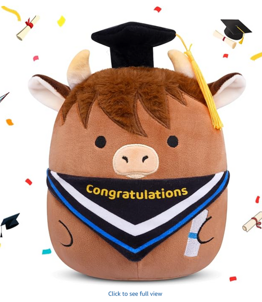 Graduation Highland Cow Stuffed Animal,8in Highland Cow Plush Pillow,Kawaii Stuffed Animals Plushie with Cap Diploma Scarf,2025 Graduation Gifts for Kindergarten High School College
