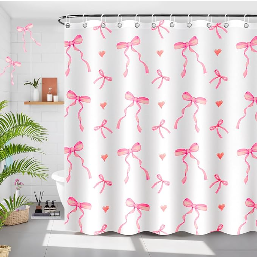 Shower Curtain, Pink Bow Shower Curtains for Bathroom, Waterproof, Washable Bathroom Decor with 12 Hooks, 71"x71" Cute Shower Curtain Suitable for Girly and Girls