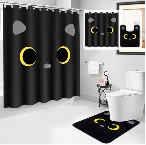 Shower Curtain Sets with Rugs,Black Cat Bathroom Sets,Waterproof Shower Curtains with 12 Hooks,Non-Slip Toilet Rug for Bathroom Toilet,Home Decor(72" x 72" + 24"x20")