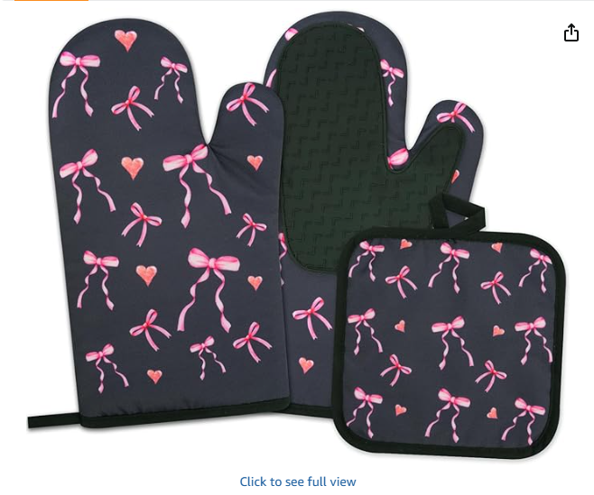 Oven Mitts - Black Bows Silicone Oven Mitt and Pot Holders,Heat Resistant Oven Mitts Sets with Quilted Cotton Lining,Cute Oven Gloves for Women Kitchen Cooking Baking,Microwave