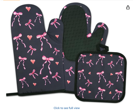 Oven Mitts - Black Bows Silicone Oven Mitt and Pot Holders,Heat Resistant Oven Mitts Sets with Quilted Cotton Lining,Cute Oven Gloves for Women Kitchen Cooking Baking,Microwave