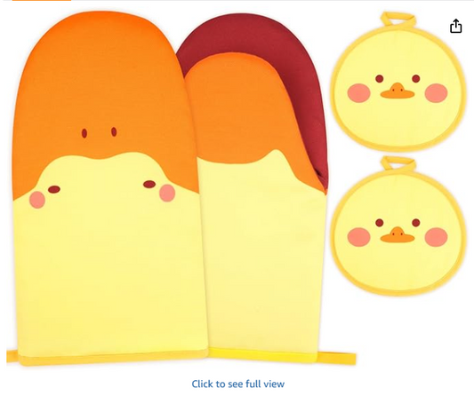 Oven Mitts, Cute Kitchen Oven Mitts and Pot Holders Sets, Heat Resistant Funny Duck Glove Potholder and Hot Pads Soft Lining, Cute Yellow Kitchen Baking Grilling Cooking Housewarming