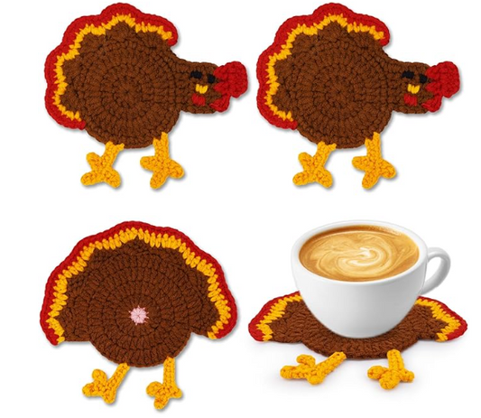 Turkey Crochet Coasters 4 Pack,Thanksgiving Turkey Decor Coasters for Drinks,Cute Turkeys Drink Coaster Set for Table Protection,Halloween Thanksgiving Themed Party Decoration