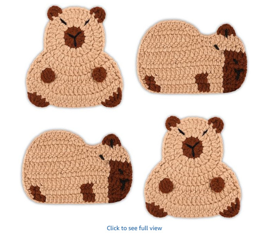 Capybara Crochet Animals Coasters for Drinks, Cute Coasters Set of 4, 4 PCS of 2 Styles Woven Handmade Cup Coaster, Boho for Coffee Table Decor