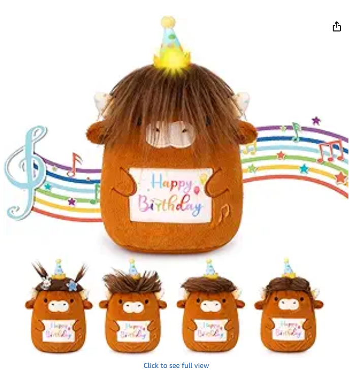 Highland Cow Birthday Stuffed Animal,8inch Long Hair Cow Plush with Happy Brithday Song Led Ligth Hat，Huggable Brown Plush Cow Cute Pillow, Birthday Gifts for Kids Boys and Girls