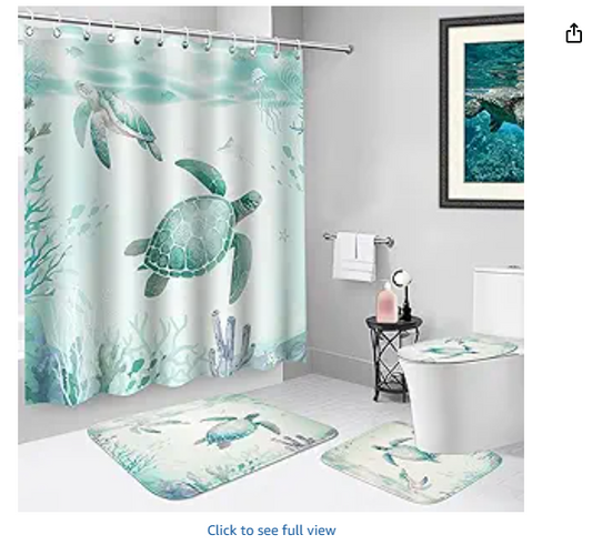 Sea Turtle Shower Curtain Set, Blue Ocean Beach Coastal Decorative with Non Slip Rug, Summer Shower Curtain Waterproof Polyester Fabric Bathroom with 12 Hook