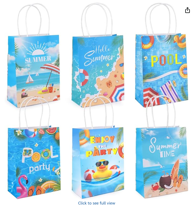 ZeffuLyne 24 Pcs Summer Gift Bags, Beach Pool Paper Bags 6 Styles Summer Goodie Bags for Kids, Pool Beach Theme Party Favors for Boys Girls, Hawaiian Luau Party Supplies, 8.2 * 5.9 * 3.1 Inch