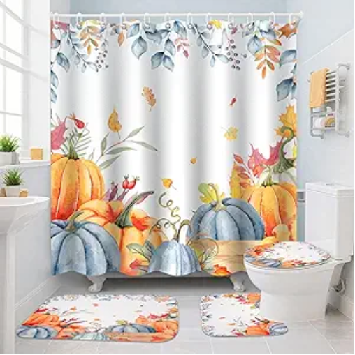 Fall Bathroom Shower Curtain Sets - 4Pcs Fall Pumpkin Bathroom Set with Shower Curtain Non-Slip Rugs Toilet Lid Cover Bath Mat, Autumn Thanksgiving Bath Decor
