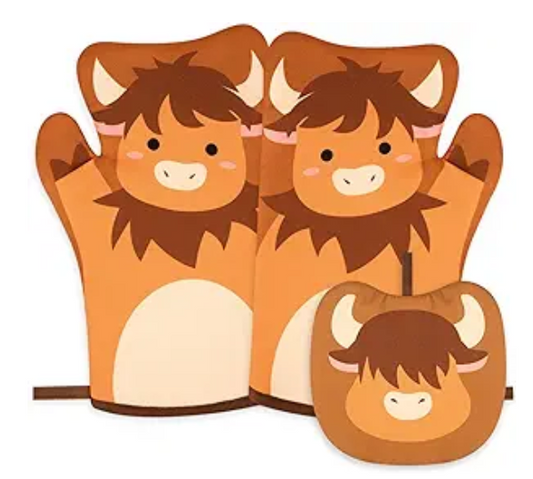 Highland Cow Oven Mitts, Cute Kitchen Oven Mitts and Pot Holders Sets, Heat Resistant Gloves Potholder and Hot Pads, Highland Cow Mitten Kitchen Baking Grilling Cooking