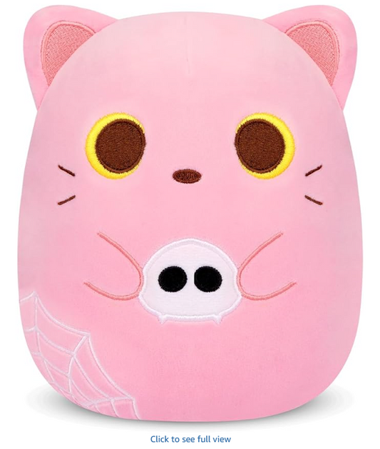 Halloween Stuffed Animal, 8inch Skeleton Cat Halloween Plush with Goth Spider Web, Cute Pink Stuffed Cat Pillow Cute Plushies Gifts for Kids, Girls, Boys