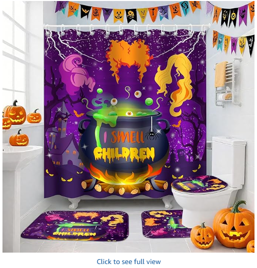 Halloween Shower Curtain Set - 4Pcs Halloween Bathroom Sets with Shower Curtain Non-Slip Rugs Toilet Lid Cover and Bath Mat Bathroom Decor