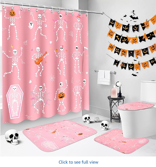 4 Pcs Halloween Shower Curtain Set, Pink Skull Waterproof Bathroom Shower Curtains Sets with Rugs, Toilet Mat & Toilet Seat Covers Mat, Bathroom Decor 72"x72"