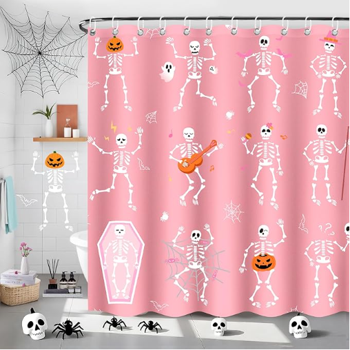 Halloween Shower Curtain, Pink Skeleton Shower Curtain, Waterproof Funny Skull Shower Curtains for Bathroom with 12 Hooks, Day of The Dead & Halloween Party Decor