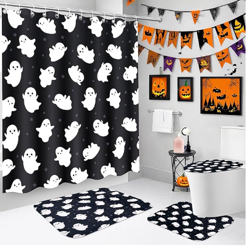4 Pcs Halloween Shower Curtain Set - Black Ghost Shower Curtains Bathroom Decor with Rugs, Toilet Mat & Toilet Seat Covers Mat, Halloween Bathroom Decorations & Gift 71x71 Inch