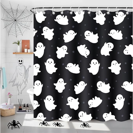 Halloween Shower Curtain, Ghost Shower Curtain with 12 Hooks, 72"x72" Black Waterproof Curtains for Bathroom Decor Toilet & Bathtub, Funny Halloween Decor & Gift