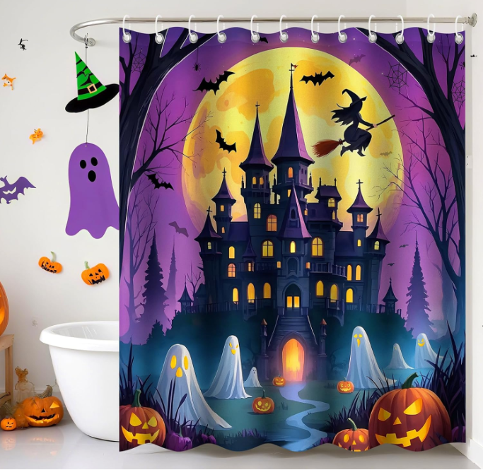 Halloween Shower Curtain - Spooky Shower Curtain with Moon Castle Evil Pumpkin Witch Ghost, Machine Washable Waterproof Fabric for Bathroom Decor with 12 Hooks 72x72