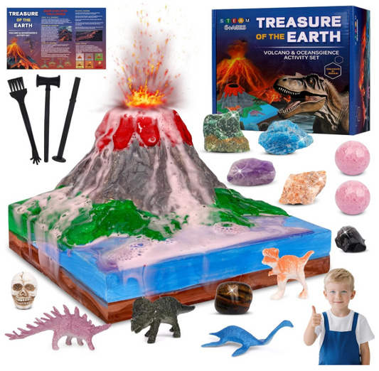 Volcano Science Kit - 6 Rocks Gemstone Excavation Kit, Dinosaur Fossil Digging Kit for Kids，Erupting Volcano Toy Rock Collections STEM Toys Gift for Boys & Girls
