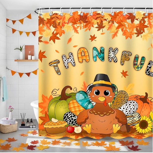 Happy Thanksgiving Shower Curtain, Funny Turkey Autumn Shower Curtains for Bathroom, Fall Shower Curtain Bathroom Decor for Thanksgiving with Maple Leaves & Pumpkin