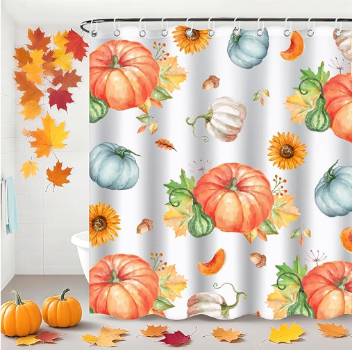 Thanksgiving Shower Curtains, Fall Shower Curtain for Bathroom with Pumpkin & Maple Leaf, Autumn Shower Curtain with 12 Hooks, Fall Bathroom Thanksgiving Decor & Gifts