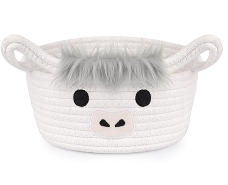 Highland Cow Basket for Nursery, Small Gift Basket, White Round Woven Cotton Rope Storage, Baby 0rganizer with Ears Handles, Blanket Towel Decor Empty Storage Bins,8.2 x 4.7 in