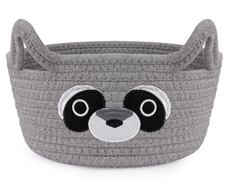 Small Storage Basket for Nursery, Raccoon Storage Basket, Round Woven Rope Cotton Storage, Baby Blanket 0rganizer with Ears Handles, Animal Blanket Towel Decor Storage Bins, 8.2"D x 4.7"H IN