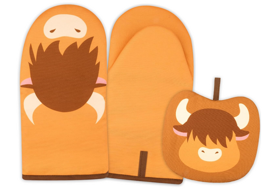 Oven Mitt, Cute Highland Cow Oven Mitts and Pot Holders Sets, Silicone Oven Mit Kitchen Mitts for Oven, Oven Mitts Heat Resistant Highland Cow Kitchen Decor & Gifts for Housewarming