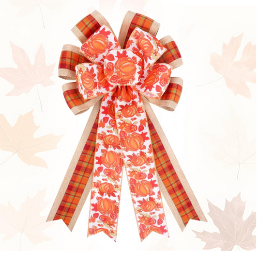 Thanksgiving Wreath Bow, Orange Pumpkin Buffalo Plaid Burlap Wreaths Bow for Front Door, Tree Topper, Outdoor, Indoor, Thanksgiving Party Fall Decorations 21 x 11.5inch